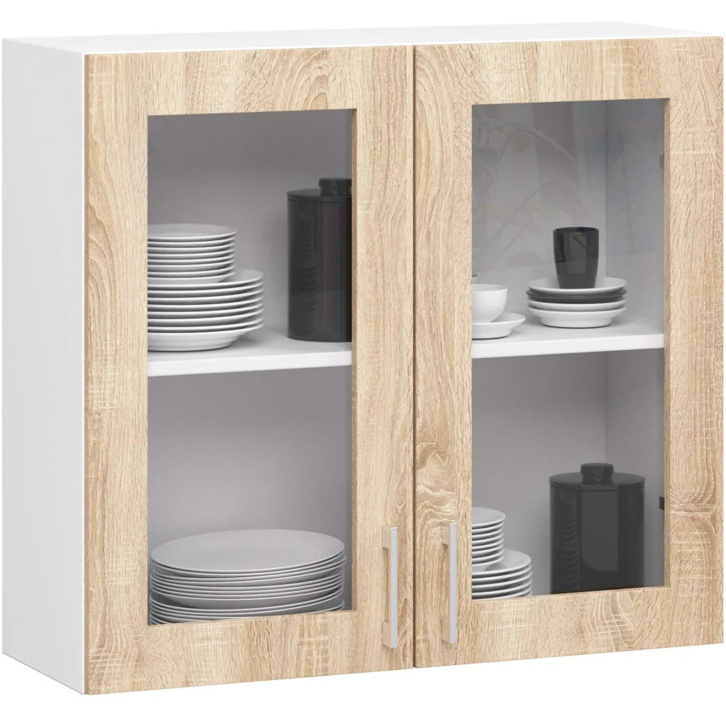 Set da cucina con vetrina AKORD LIMA 1,8 m H720 Bianco 180 cm 7 ante 1 cassetto frontale Rovere Sonoma 8 ripiani 180×44,5×203 cm