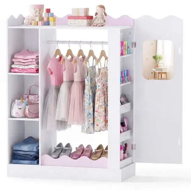 Armadio appendiabiti per bambini con specchi e ripiani rosa per cameretta organizzatore vestiti e giochi