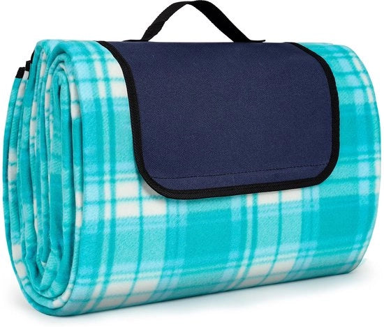 Tenda da picnic acqua resistente 200 x 200 cm, grande asciugamano per esterno con fondo impermeabile per 4-6 persone, tenda da campeggio XXL con maniglia di trasporto (azzurro cielo a quadri)