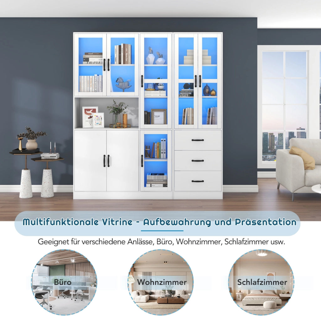 Vetrina con LED, 8 ante e 3 cassetti per soggiorno e sala da pranzo, in truciolare, bianco, 180 × 40 × 200 cm