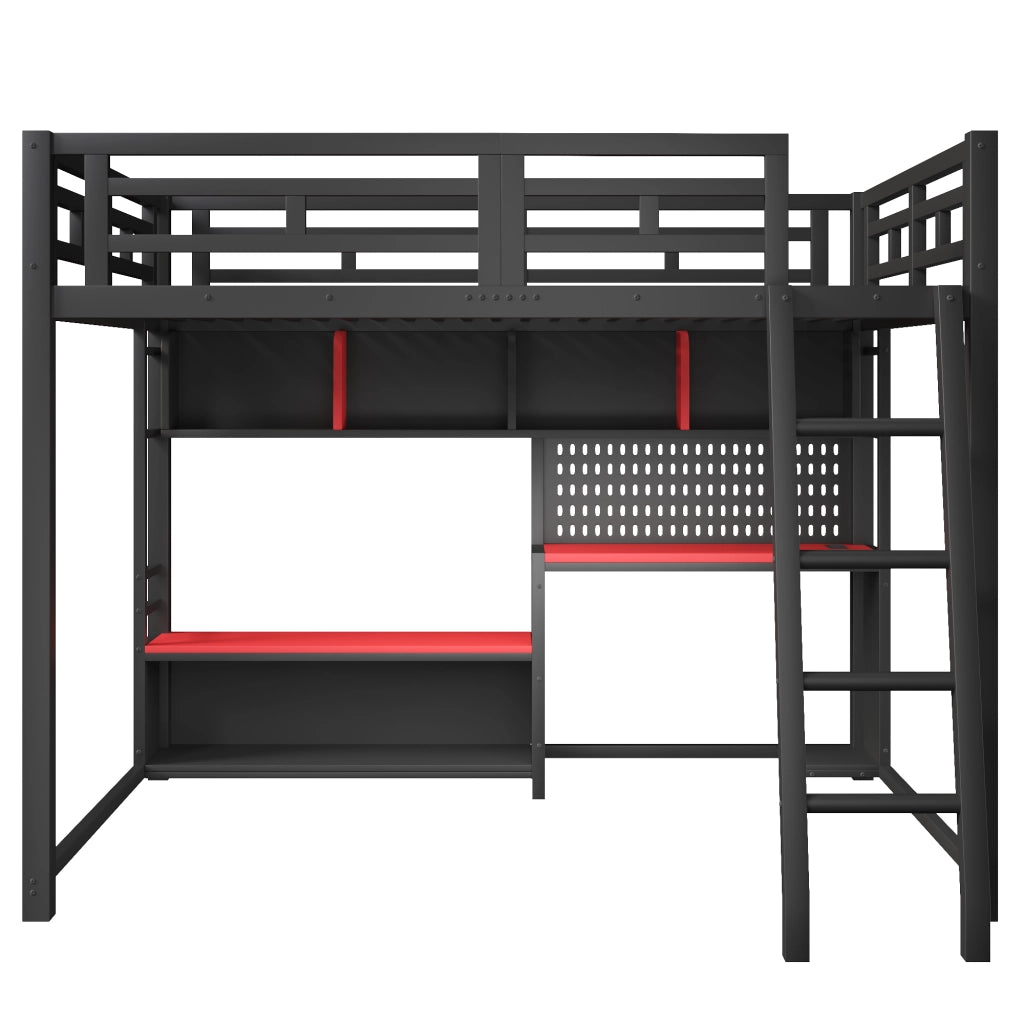 Letto a soppalco 140x200 cm in metallo con scrivania; LED RGB e ripiani neri