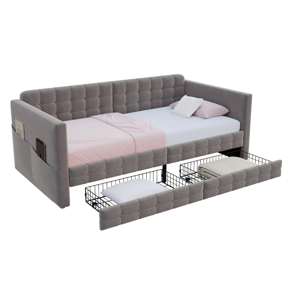 Letto imbottito 90x190 cm grigio con contenitore, tasche laterali, 2 cassetti e rete a doghe