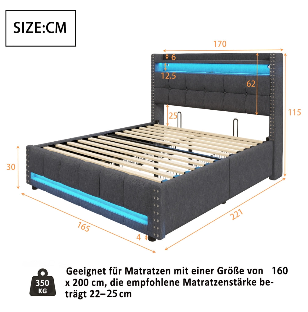 Letto imbottito 160x200 cm grigio con LED, USB, ripiani e cassetto contenitore