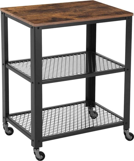 Carrello per servizio, gabbia per cucina, cassettone per cucina, ripiano per cucina, trolley, tavolo per cucina su 4 ruote, struttura in acciaio, 3 piani, per cucina e soggiorno, Carrello per servizio, design industriale, stile vintage marrone-nero