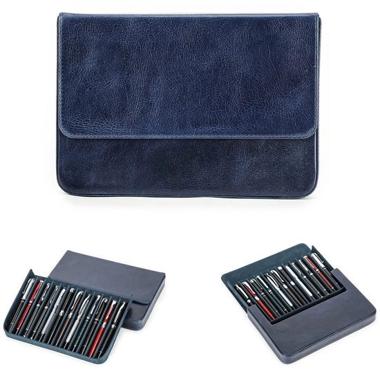 Etui in pelle per 12 penna stilografica, contenitore portatile con chiusura magnetica e cassetta per pennarelli (blu)