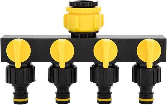 4-Via Distributore d'Acqua con Sfoglia per Tubi per Irrigazione del Giardino - 1/2" e 3/4" Valvola - Connettore per Esterno Giardino e Cucina - Prato e Cortile Interno - Materiale Extra Resistente