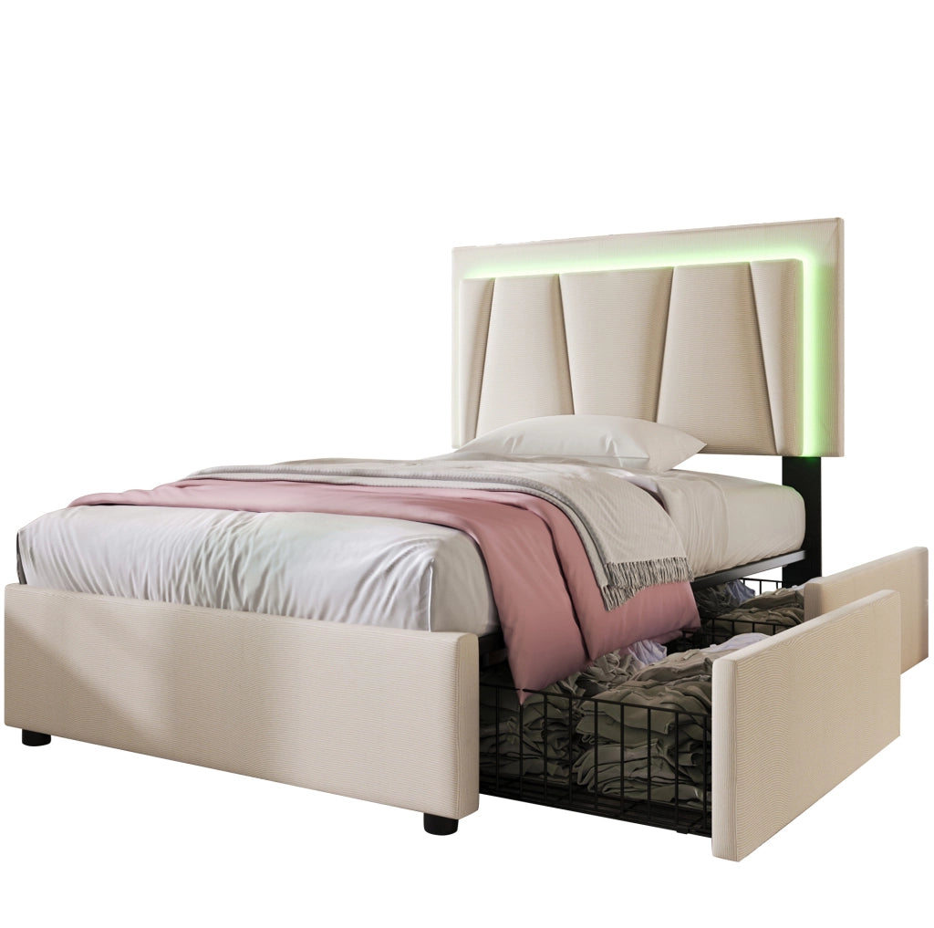 Letto singolo 90x200 cm con LED; 2 cassetti e testiera regolabile; tessuto beige