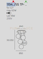 SOSP. BIANCO 5 LUCI TONDO VETRI PICCOLI BRONZO 1194BI-S5 TP-BR