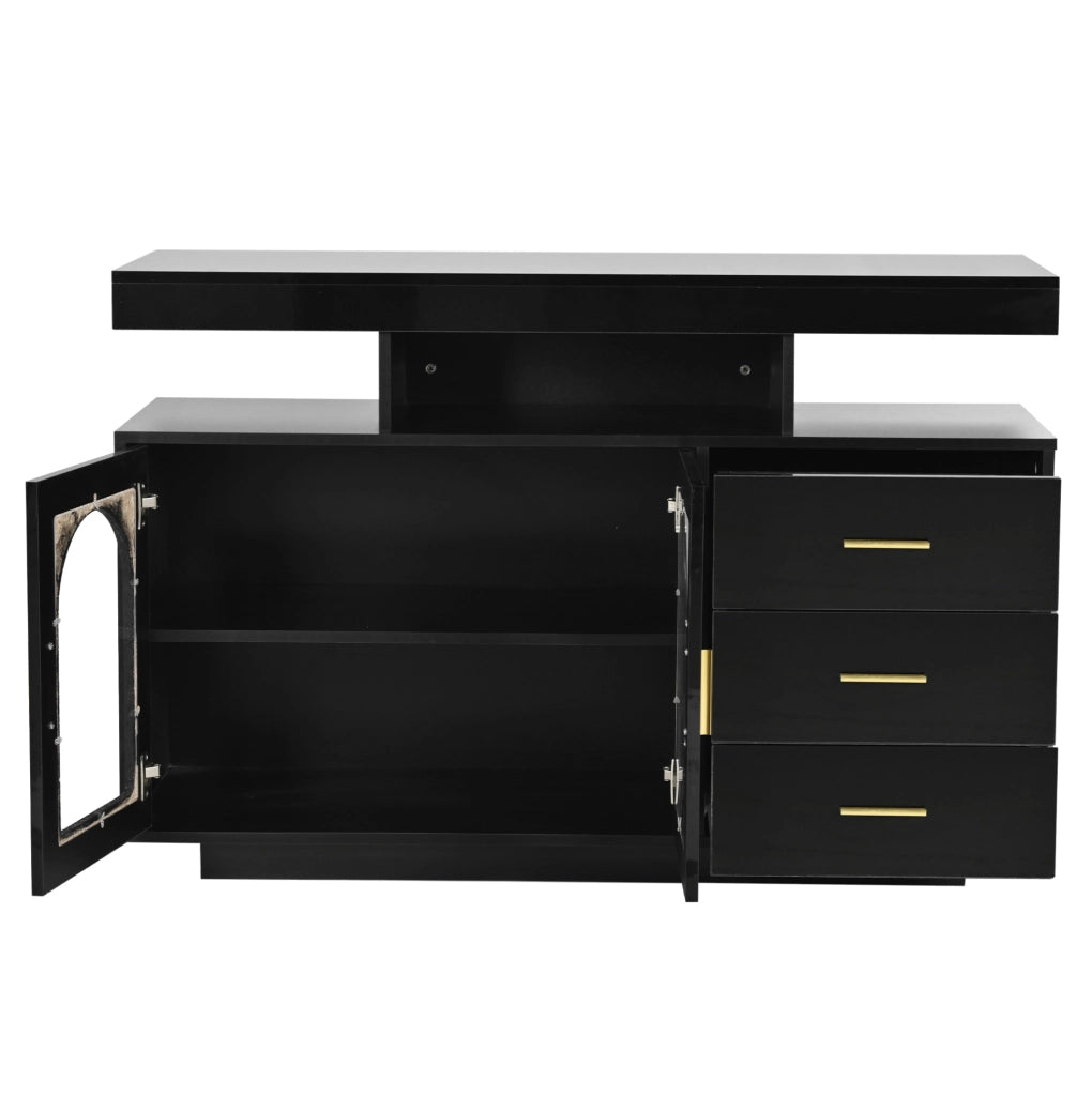 Sideboard buffet moderno 120x40x80 cm in truciolare nero lucido con LED RGB e ante in acrilico