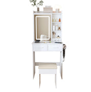 Toeletta bianca compatta 60x36x136 cm con specchio LED regolabile， presa e sgabello