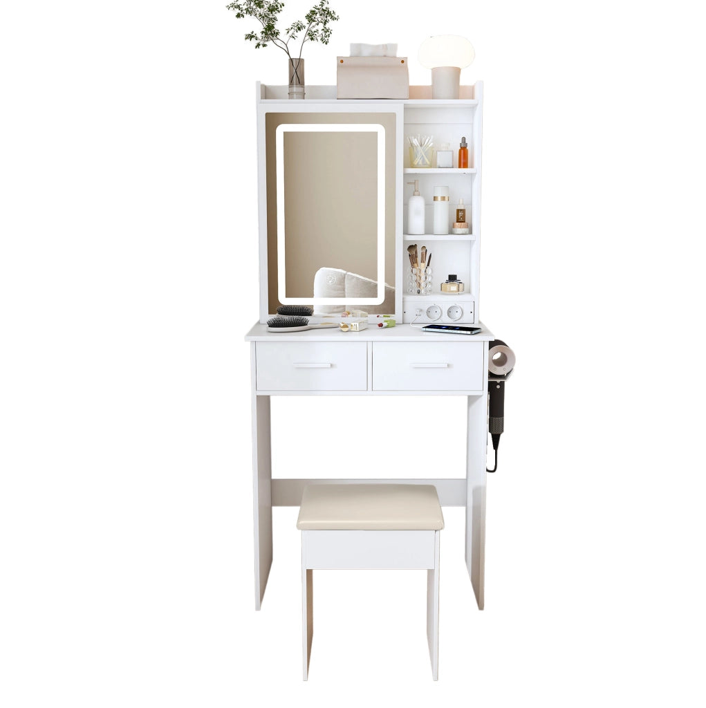 Toeletta bianca compatta 60x36x136 cm con specchio LED regolabile， presa e sgabello