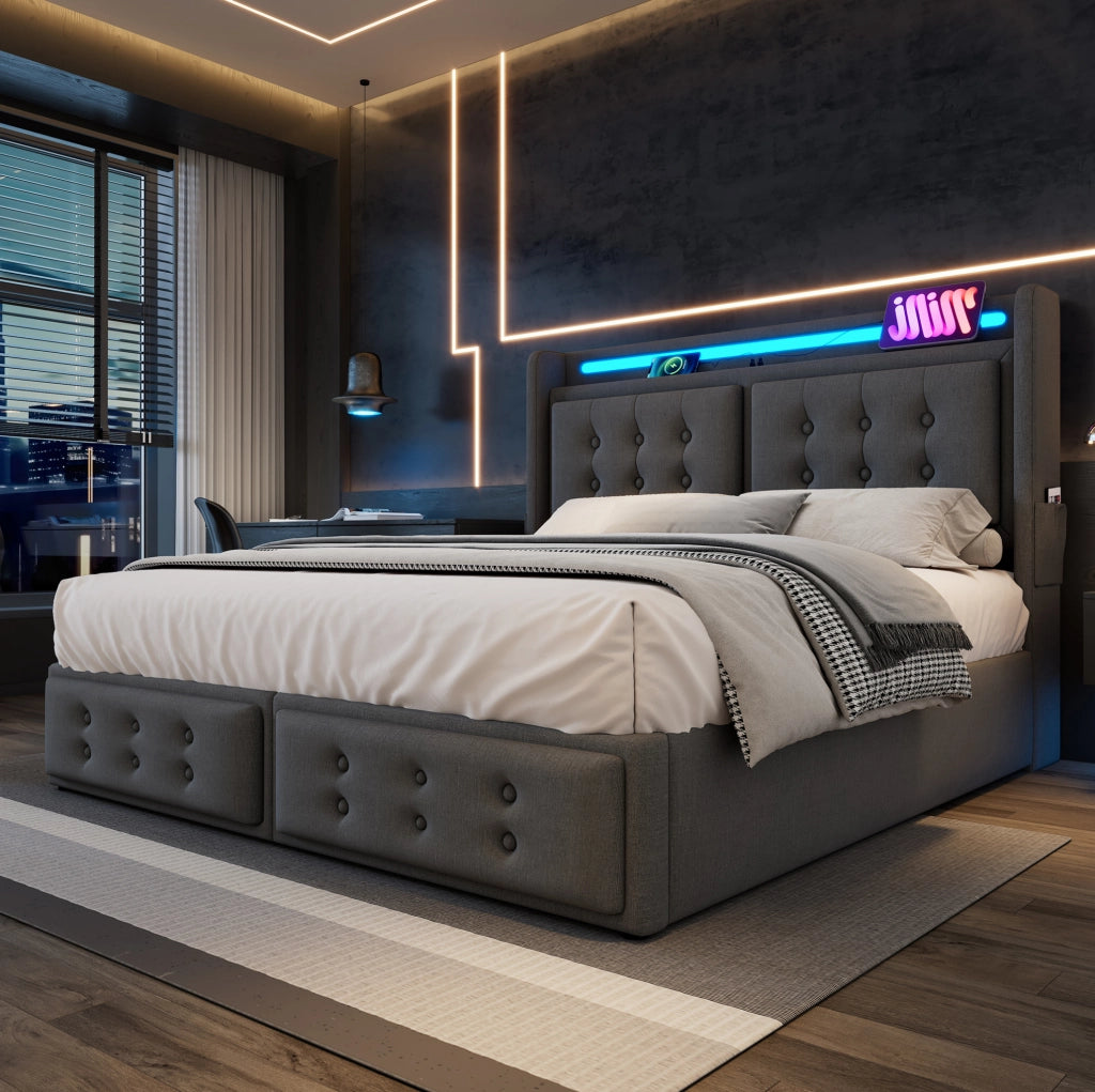 Letto matrimoniale 140x200 cm con contenitore; testiera con prese e LED; in tessuto cotone e lino grigio; con materasso