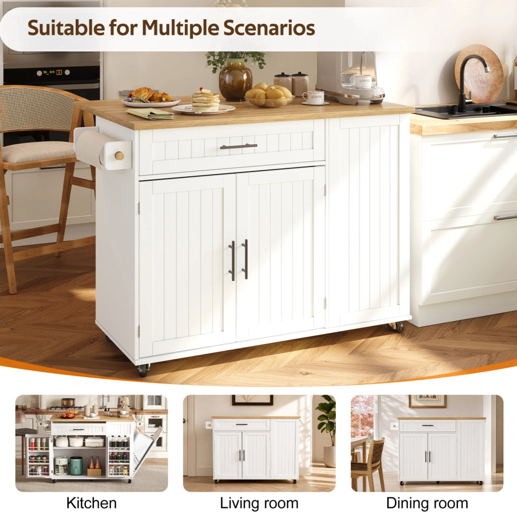 Isola da cucina con piano ribaltabile 130x70x93 cm in MDF bianco; con ruote e cassettone