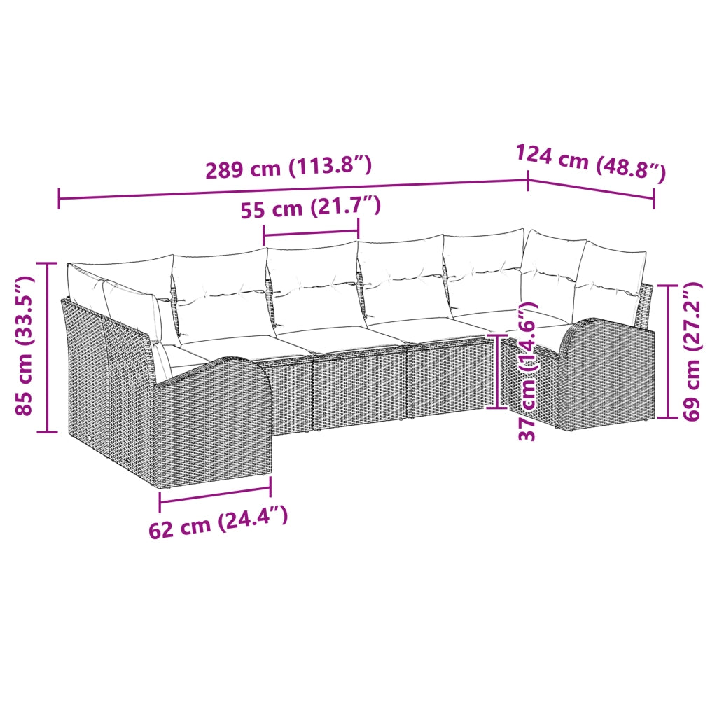 Set divano da giardino 7 pezzi con cuscini grigio chiaro in polirattan
