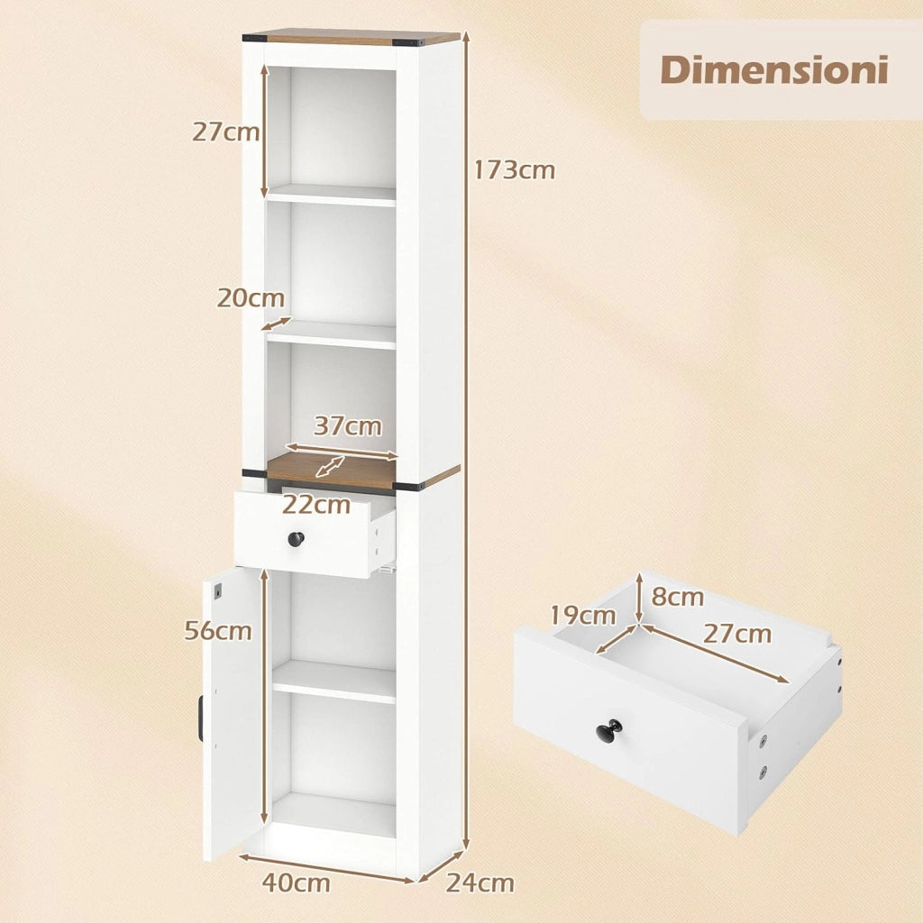 Armadio Bagno Salvaspazio, Mobile Bagno Alto Stretto con Scomparti Aperti, Cassetto e Ripiani Regolabili, Colonna Bagno per Lavanderia, Soggiorno e Cucina, 40 x 24 x 173 cm
