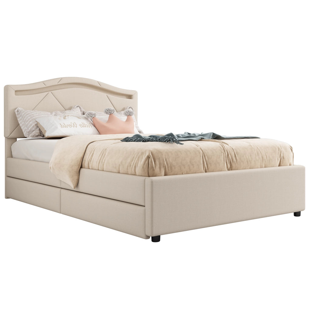 OKWISH Letto Singolo 90×200 cm con LED Regolabile, 2 Cassetti e Testiera Regolabile, senza Materasso, in Lino, Beige