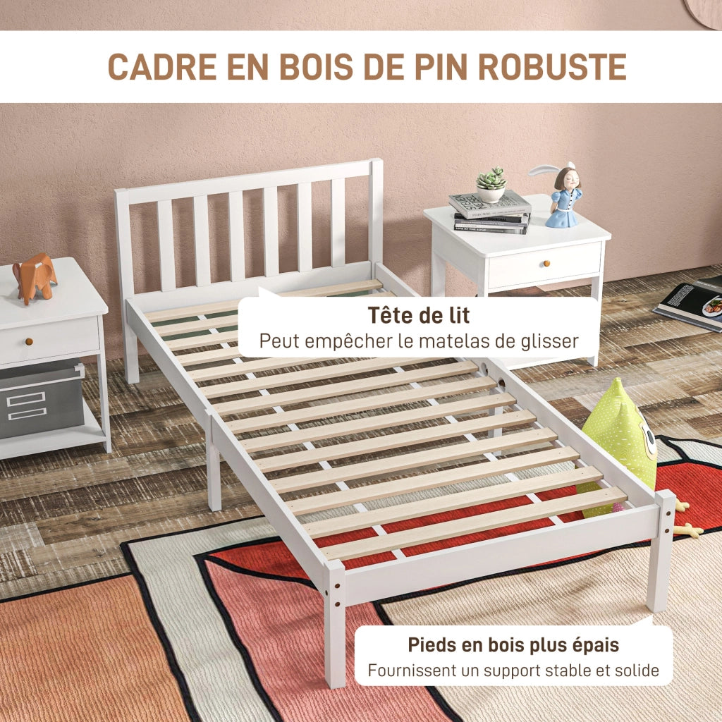 Letto singolo in legno massello con testiera e rete a doghe ¨C zephmum ¨C bianco 90x190 cm