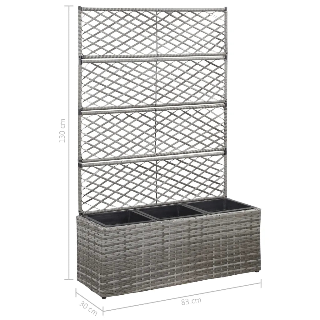 Letto Rialzato a Traliccio 3 Vasi-Vaso con Griglia-Contenitore per Piante 83x30x130cm Polyrattan Grigio