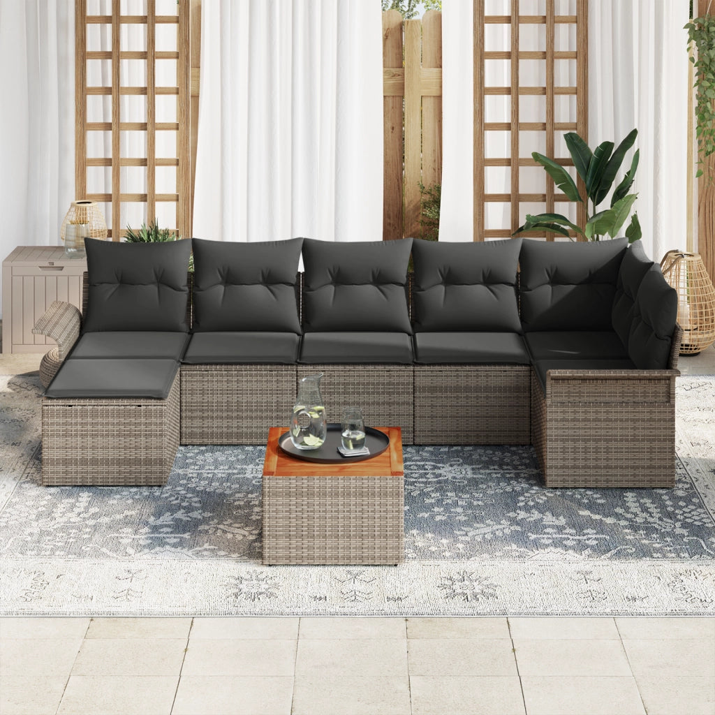 Set di Divano da Giardino a 8 Pezzi con Cuscini Grigio Polirattan Acacia