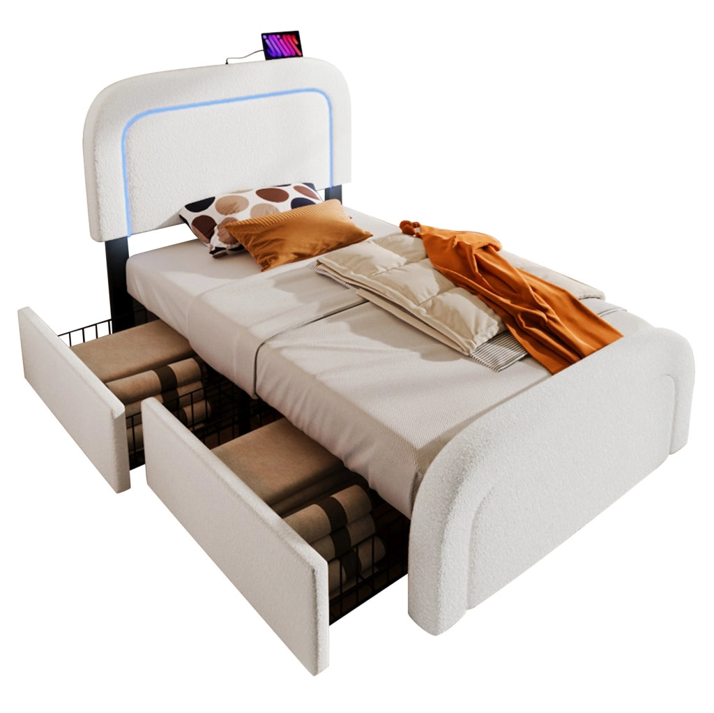 Letto singolo imbottito 90x200 cm in Sherpa bianco con USB Type-C; LED; 2 cassetti e materasso