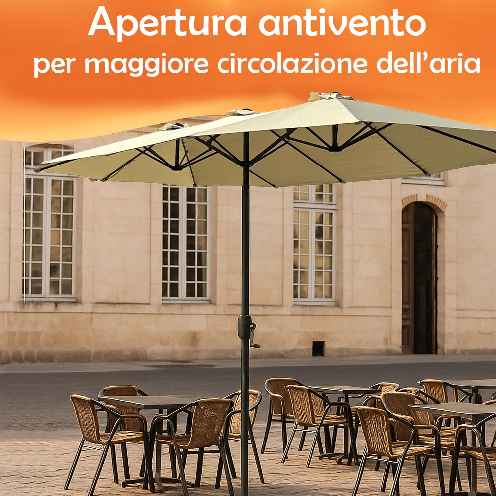 Ombrellone Doppio da Giardino 4.45x2.7m Manovella Copertura Beige UV Acciaio