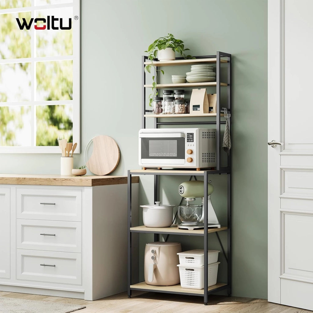 Scaffale da Cucina con 6 Ripiani, Scaffale per Microonde con 6 Ganci, Struttura in Metallo, Legno Ingegnerizzato, 60x40x167cm, Rovere Chiaro+Nero