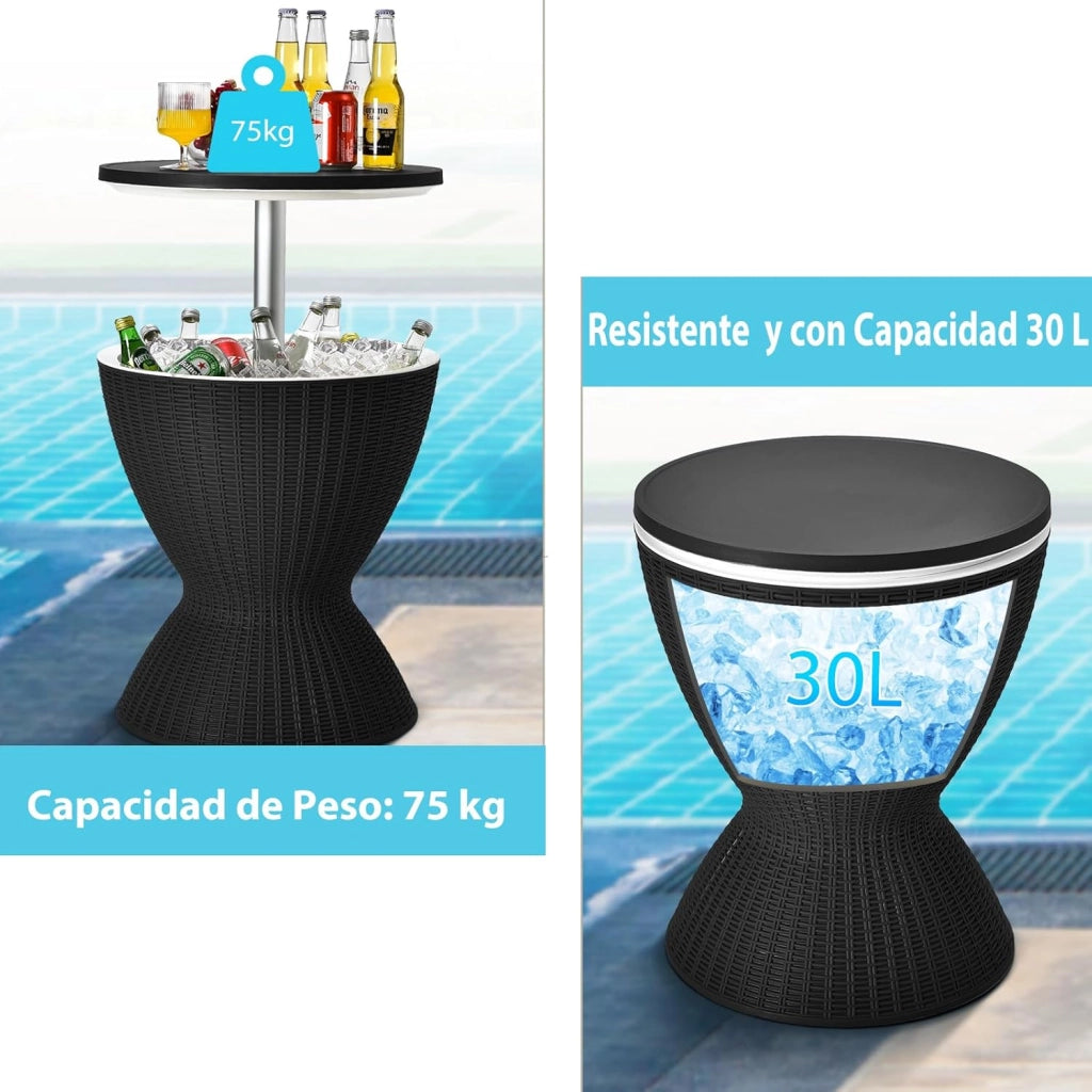 Tavolo Frigo da Giardino 3 in 1, Secchiello Ghiaccio Regolabile in Altezza 30L, con Coperchio Removibile & Foro di Scarico, 75 KG, Portaghiaccio per Giardino, Piscina, Campeggio