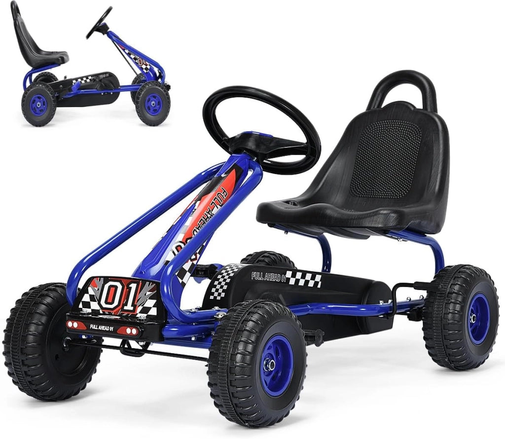 Go Kart a Pedali per Bambini, Macchina per Bambini con Sedili Regolabili in 2 Posizioni e 4 Ruote Antisdrucciolo, Carico 30 kg, per 3 Anni + (Blu, 101 X 61 X 62 CM)