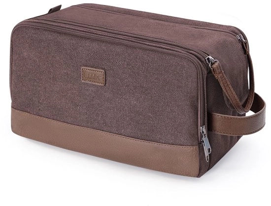 Toilette per uomini, borsa di cosmetici con tela e pelle PU, forbici da viaggio impermeabili (marrone, richiesta di finitura lucida)