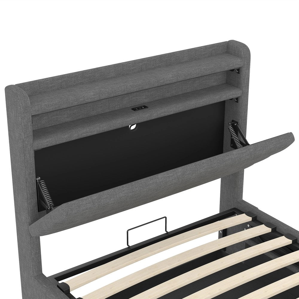 Letto Imbottito Contenitore con LED ¨C Xylo ¨C Tessuto Grigio, Idraulico, 90x200