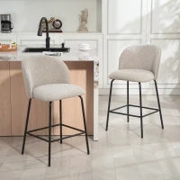 Set 2 Sgabelli da Bar con Schienale e Poggiapiedi, Rivestimento in Tessuto e Gambe in Acciaio, Grigio