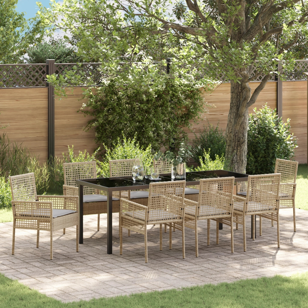 Set da pranzo da giardino da 9 pezzi con cuscini beige in polyrattan