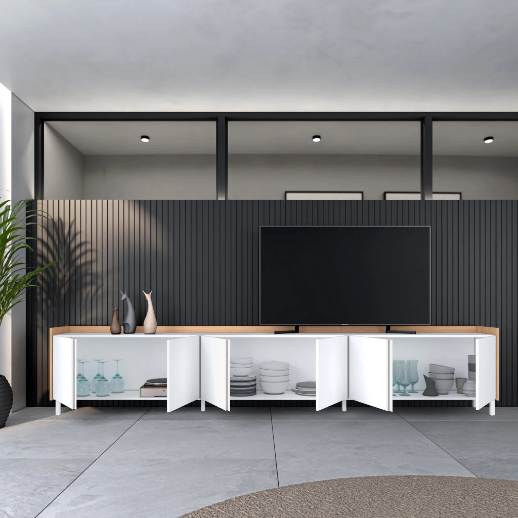 Mobile TV Soggiorno, 309x61x35 cm, Per TV fino a 80", Design industriale, Bianco e Rovere soft