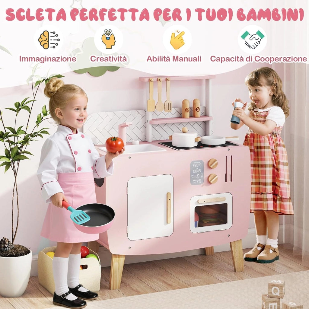 Cucina Giocottolo in Legno per Bambini, Set Gioco di Ruolo Chef con Luci e Suoni, Forno, Fornelli, Microonde e Accessori Vari, Adatto a Bambini 3+ Anni, 58 x 29 x 73,5 cm