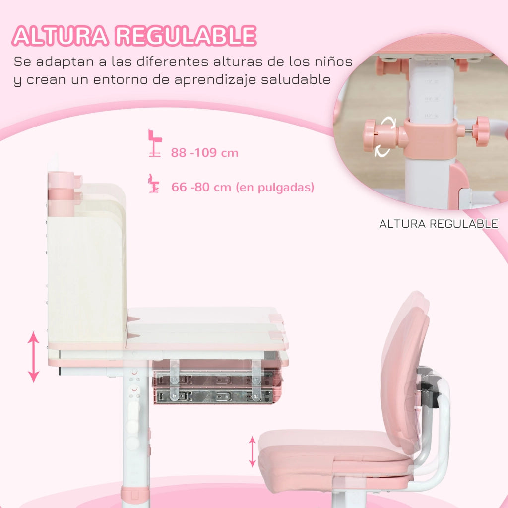 Scrivania Bambini Regolabile Altezza con Cassetto e Ripiano ¨C zephmum ¨C Rosa Bianco 80x52x88-109 cm