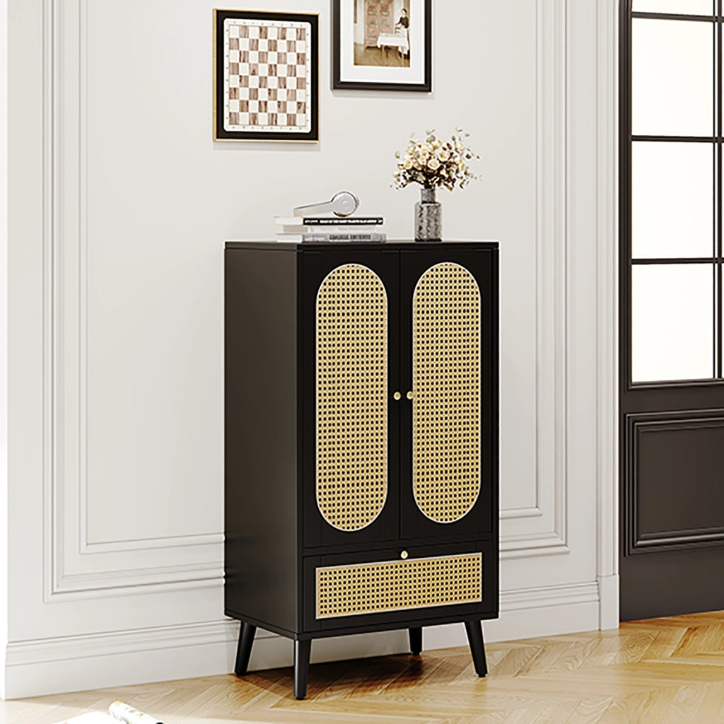 Credenza Alta con 2 Ante e 1 Cassetto; Frontali Effetto Rattan; Stile Moderno; in Pannelli di Particelle; Nero; 60¡Á40¡Á110;5 cm
