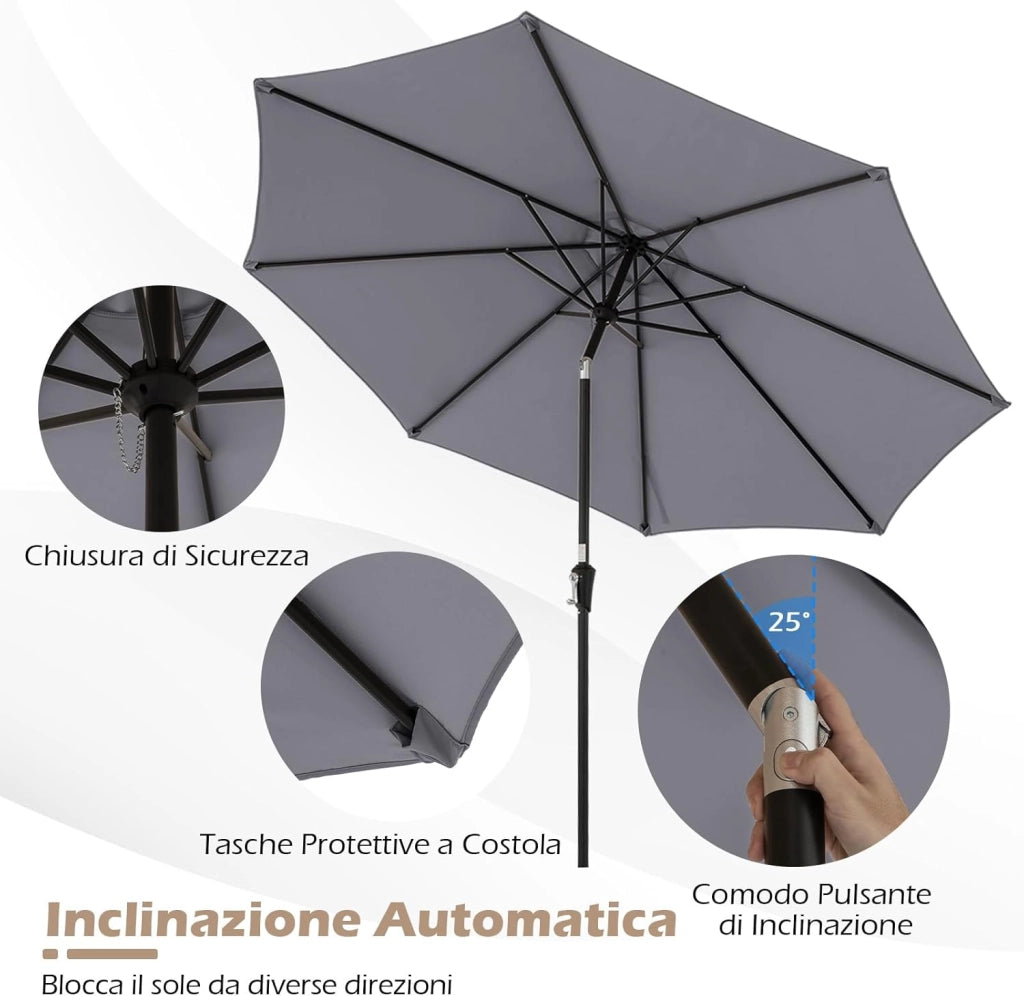 Ombrellone da Giardino, Diametro 3M, Ombrello da Spiaggia con Manovella e Inclinazione Regolabile, Ideale per Spiaggia, Balcone, Giardino (Grigio)