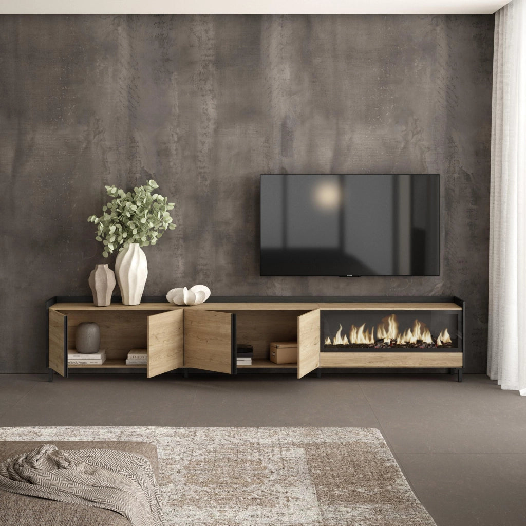 Mobile TV Soggiorno, 315x61x35 cm, Per TV fino a 80", Camino elettrico XXL, Design industriale, Rovere e nero