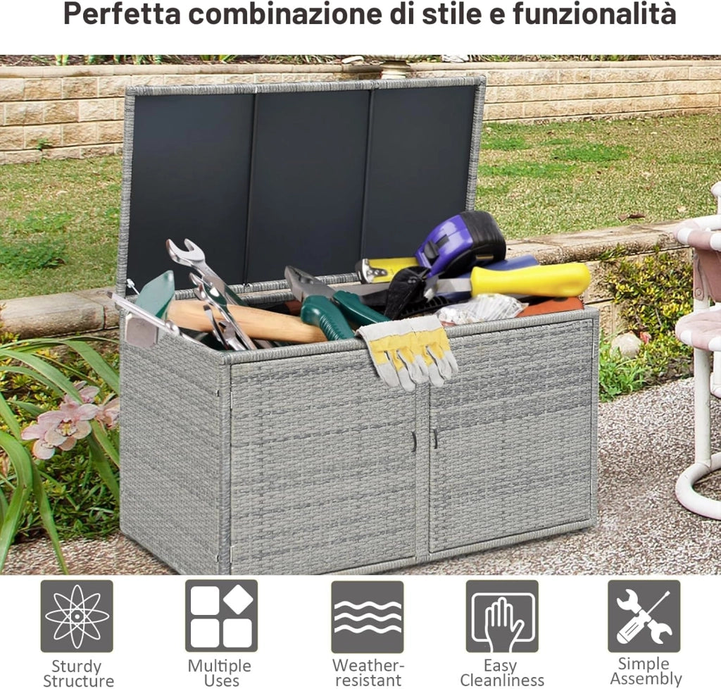 Cassapanca Contenitore da Esterno da 330L in Rattan, Telaio in Acciaio, Baule da Giardin Resistente ai Raggi UV, Mobile Balcone Impermeabile a 2 Ripiani per Cortile, 115x60x65 cm (Grigio)