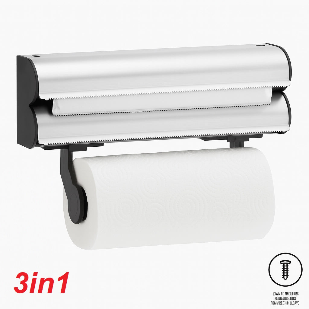 Porta Rotoli da Cucina 3in1 con Taglierino Acciaio da Parete Carta Pellicola Alluminio