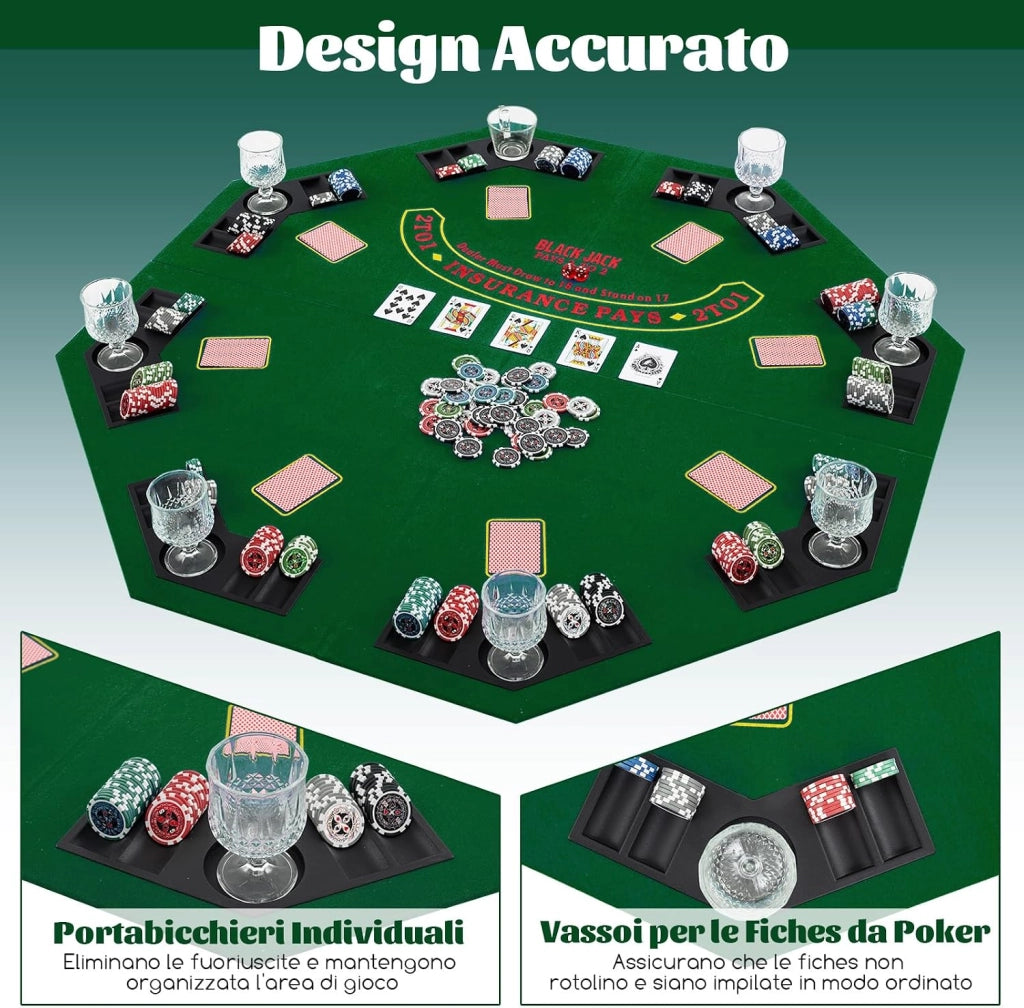 Tappetino da Poker Pieghevole 120 cm, Portatile con Borsa Portabicchieri e Vassoi per Fiches, Tappeto da Poker Antiscivolo, Verde