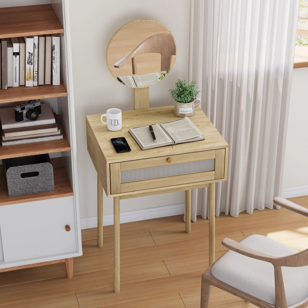 Tavolo da trucco in rattan con specchio rotondo, design boho compatto in rovere per camera da letto e piccoli spazi