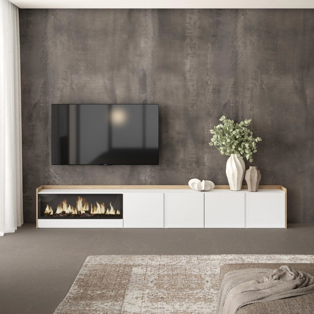 Mobile TV Soggiorno, 315x50x35 cm, Per TV fino a 80", Camino elettrico XXL, Bianco e Rovere soft