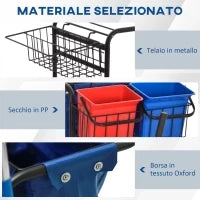 Carrello Pulizie con Sacco per Immondizia, 4 Secchi e Strizzatore per Mocio, 93x80x97 cm, Rosso Blu e Nero