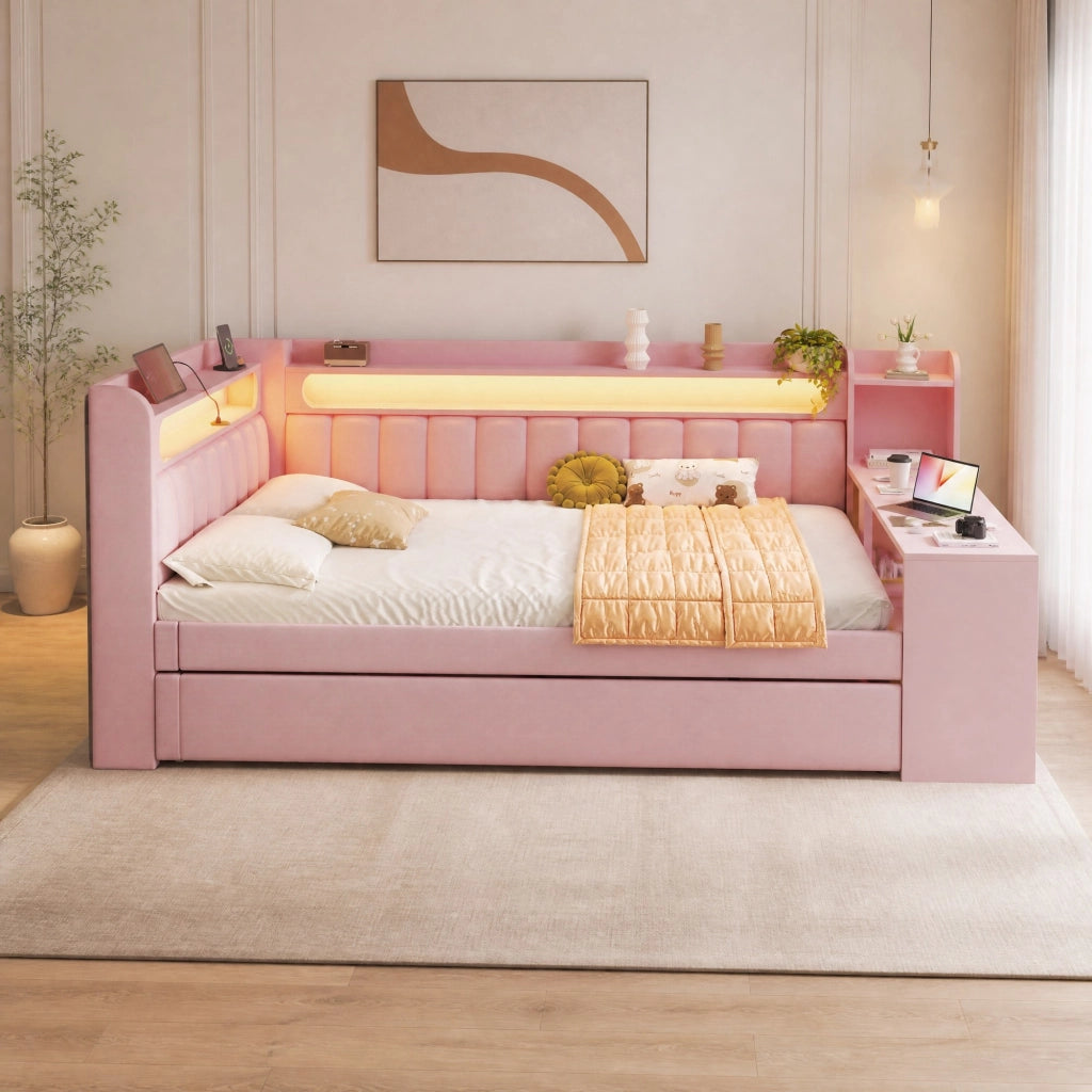 LETTO Giornaliero 140x200 cm Rosa con letto estraibile, USB, LED e scrittoio