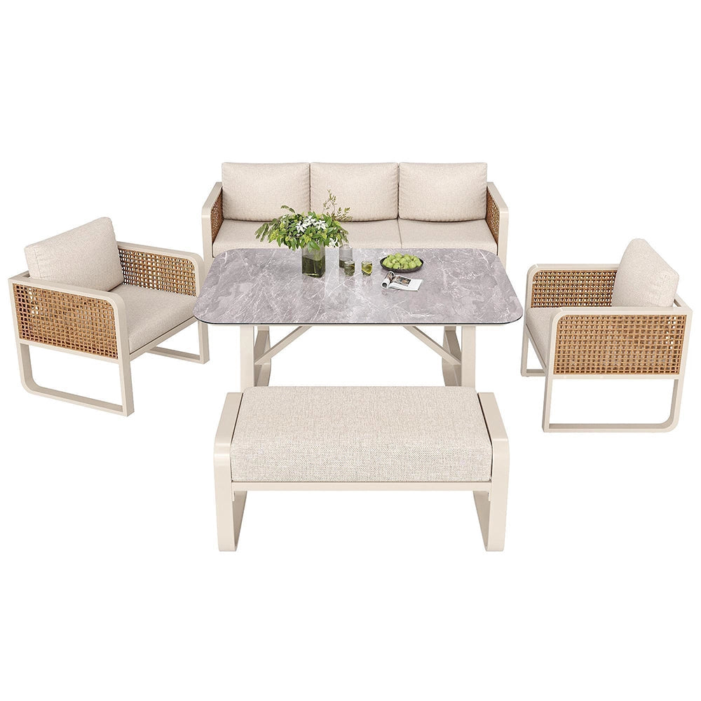 Set da giardino per 6-7 persone - Xylo - Tavolo e divano con cuscini lavabili, beige