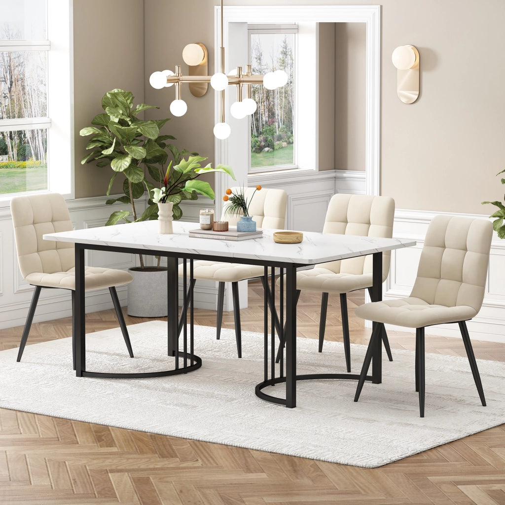 Tavolo da pranzo con 4 sedie in velluto, piano in MDF effetto marmo, struttura in metallo, per cucina e sala da pranzo