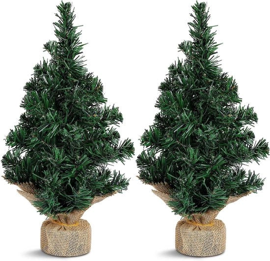 Due artificiali mini alberi di Natale con base per ufficio, ambiente indoor/outdoor, tavolo, finestra, regalo, decorazione