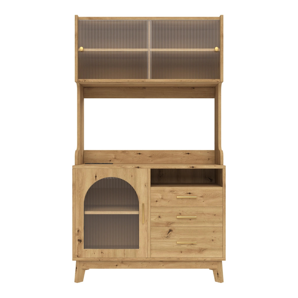 Credenza alta da soggiorno con ampia capacità, prese integrate e frontale in acrilico effetto onda, 100,5×40×178 cm, colore legno