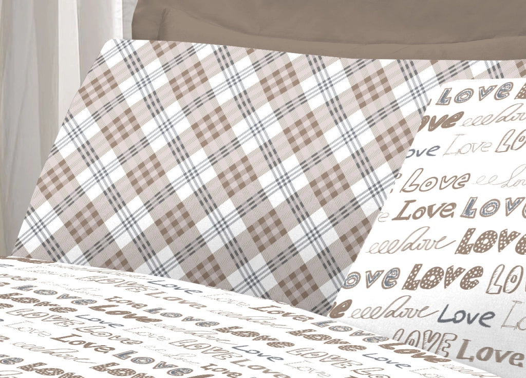 Completo Lenzuola Letto Linea Young 100% Cotone Disegno Love Love - Piazza E Mezza - Beige